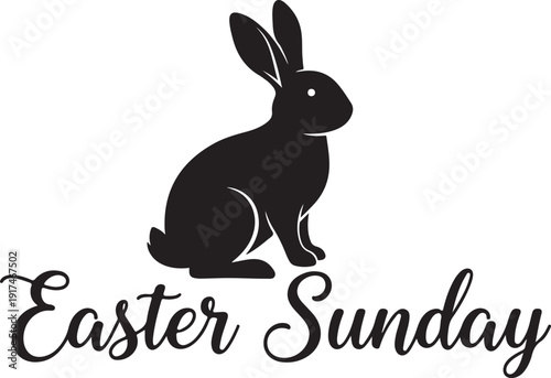 A black silhouette of a rabbit sitting next to the text easter sunday isolated on white background