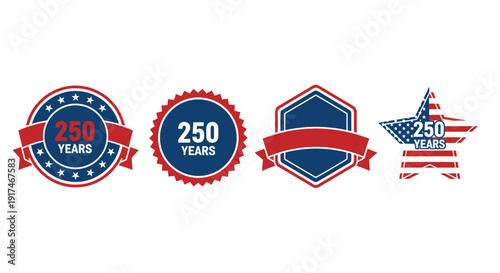 American 250 years anniversary badges and labels with ribbons and stars
