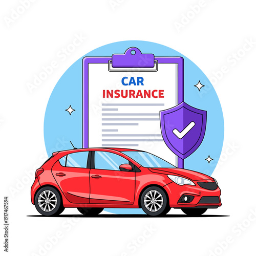 Red car with car insurance clipboard and shield on white background