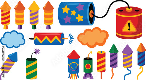 Colorful fireworks and firecracker collection set with rockets, dynamite, bombs and explosions isolated on white background vector illustration