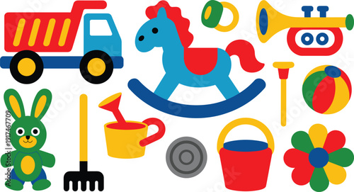 Colorful kids toys collection illustration, cartoon baby play objects set including truck, rocking horse, ball and bucket