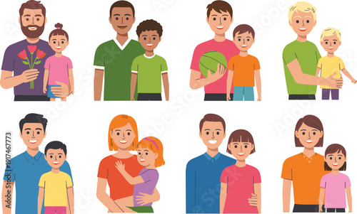 Fathers with children illustration collection, happy dad and kids portraits set, family bonding cartoon characters isolated on white