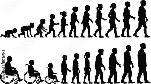 Human life evolution silhouettes from infancy to old age, aging stages and disability awareness concept isolated on white