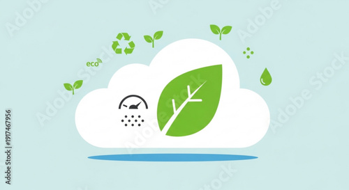 Eco friendly cloud with green leaf and recycling symbol on light blue background with droplets and seedlings