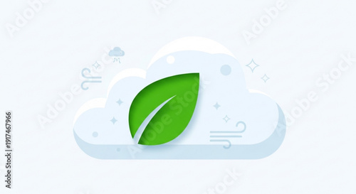 Green leaf on a cloud with weather symbols representing eco friendly and sustainable concepts in a natural environment