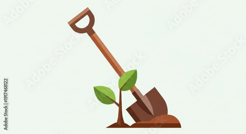 Brown shovel planting green seedling in soil with leaves gardening tool growth concept