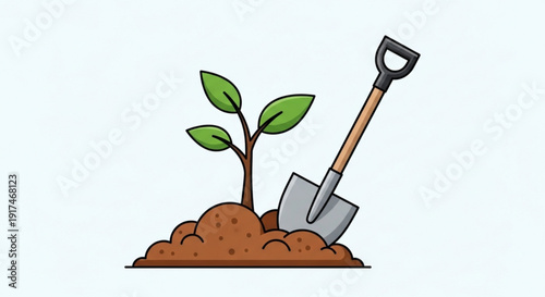 Young plant sprout with green leaves growing from brown soil with a shovel for gardening or planting concept