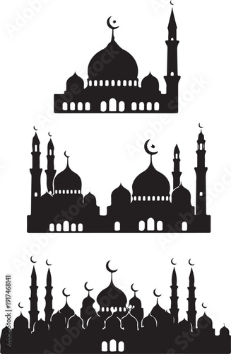 Silhouettes of iconic buildings from different countries and cities isolated on white background