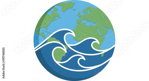 Earth with ocean waves globe illustration environmental concept climate change symbol earthy tones wave motion eco friendly design element planet earth blue and green colors white