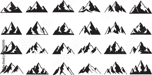 A collection of various mountain silhouettes in black and white isolated on white background