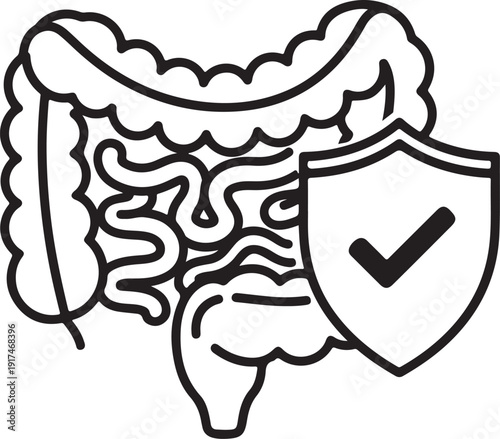Human digestive system with a protective shield vector illustration, healthy gut icon with check mark, medical symbol for intestinal wellness