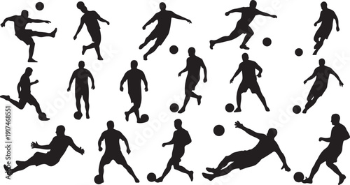 Black and white silhouettes of soccer players in various action poses isolated on white background