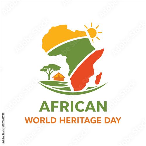 A colorful graphic depicting the african continent a sun savanna trees and text for world heritage day