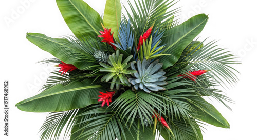 3d tropical floral arrangement with exotic plants isolated on transparent background