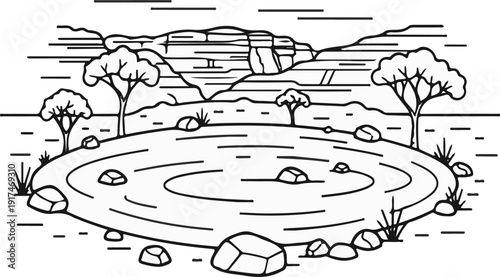 A stark black and white illustration of a tranquil waterhole surrounded by rocks and sparse trees