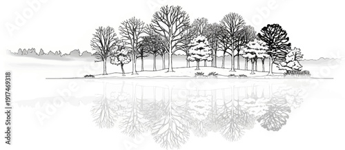 A stark black and white illustration of trees on an island in water