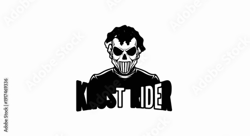 A stark black and white logo features a skull with wild hair over a t-shirt