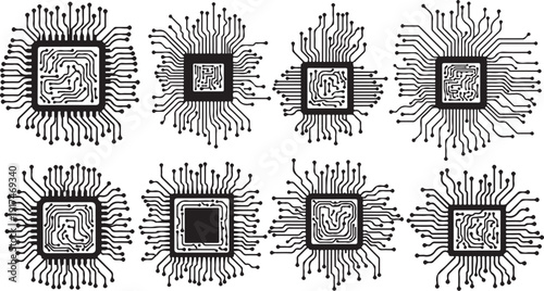 Collection of various microchip and circuit board designs illustrated