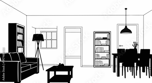 A stark black and white line drawing depicts a room with furniture and decor
