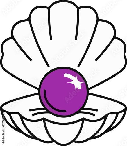 A vibrant purple pearl rests within an open, illustrated clam shell