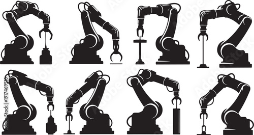 Industrial robotic arms in various positions and actions depicted