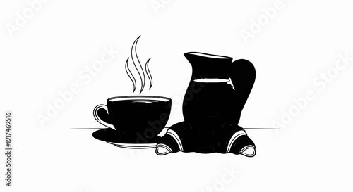 A steaming coffee cup and creamer sit beside two croissants on a plate