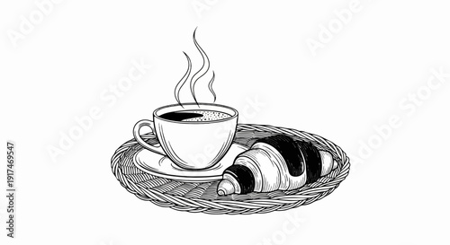 A steaming cup of coffee sits next to a croissant on a woven tray