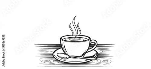 A steaming cup of coffee rests on a wooden surface with a spoon