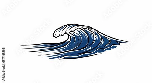 A stylized, dark blue wave breaks against a white background