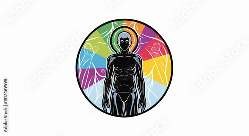 A stylized, dark figure stands against a vibrant, rainbow-colored circular backdrop