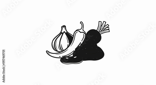 A still life illustration of garlic, chili, and root vegetable