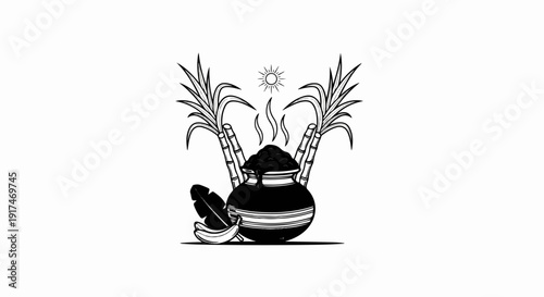 A stylized drawing of a pot with steam, sugarcane, bananas, and sun