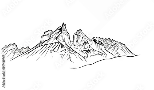 A striking black and white ink sketch of a rugged mountain range