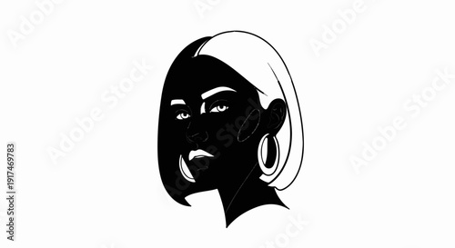 A striking black and white portrait of a woman's face with short hair and hoop earrings