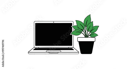 A stylized drawing of an open laptop next to a potted green plant