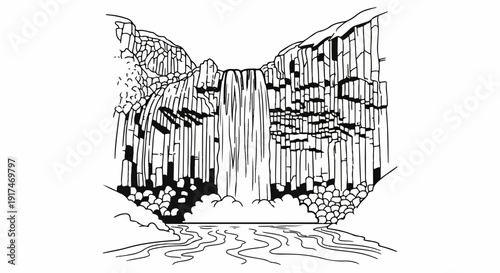 A striking black and white illustration of a powerful waterfall cascading over basalt columns