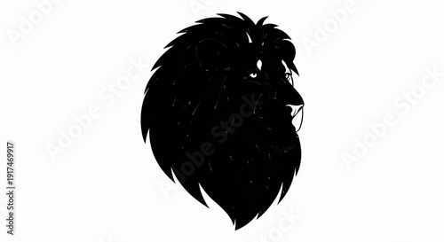 A striking black silhouette of a lion's head with a flowing mane