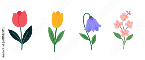 Spring flowers cartoon vector. Bright spring flower icons vibrant design, isolated . Cute illustration early springtime plants bloom	
