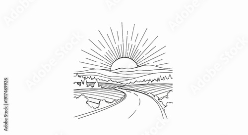 A winding road through rolling hills under a radiant sunrise