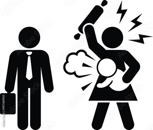 Pictogram representing domestic conflict between a working husband and a stressed housewife Vector