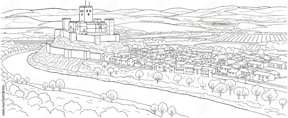 Fototapeta premium A walled medieval town nestled in a valley with a castle on a hill above