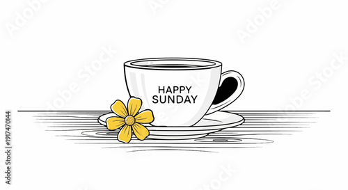 A warm cup of coffee with a yellow flower and a wish for a happy sunday