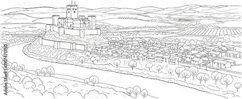 A walled medieval town nestled in a valley with a castle on a hill above