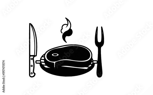 A stylized illustration of a steak on a grill with a knife and fork