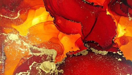 Fiery red orange and gold abstract fluid ink art