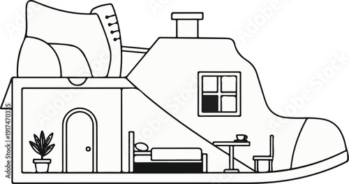 A whimsical house designed inside a shoe, featuring rooms