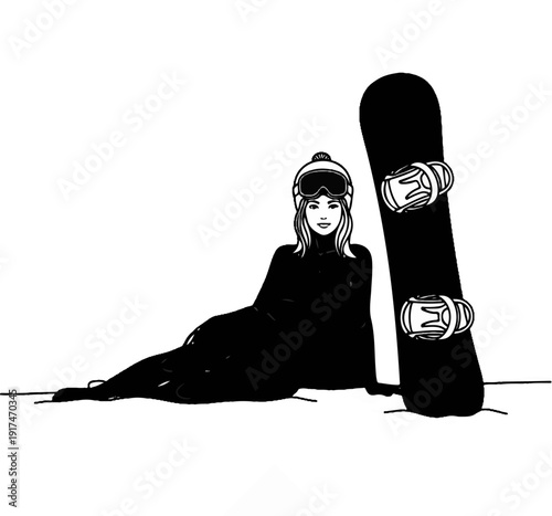 A woman in winter attire sits with a snowboard in the snow