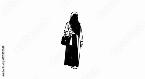 A woman in hijab, long skirt, and blouse holds a handbag
