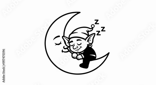 A whimsical illustration of a sleeping elf resting on a crescent moon