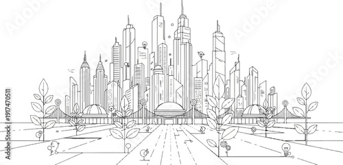 A stylized line drawing depicts a futuristic city skyline with organic elements